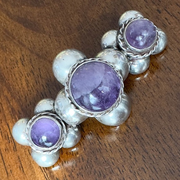 Early Vintage Mexican Sterling Silver Triple Amethyst Brooch Marked MR Mexico - Picture 4 of 12